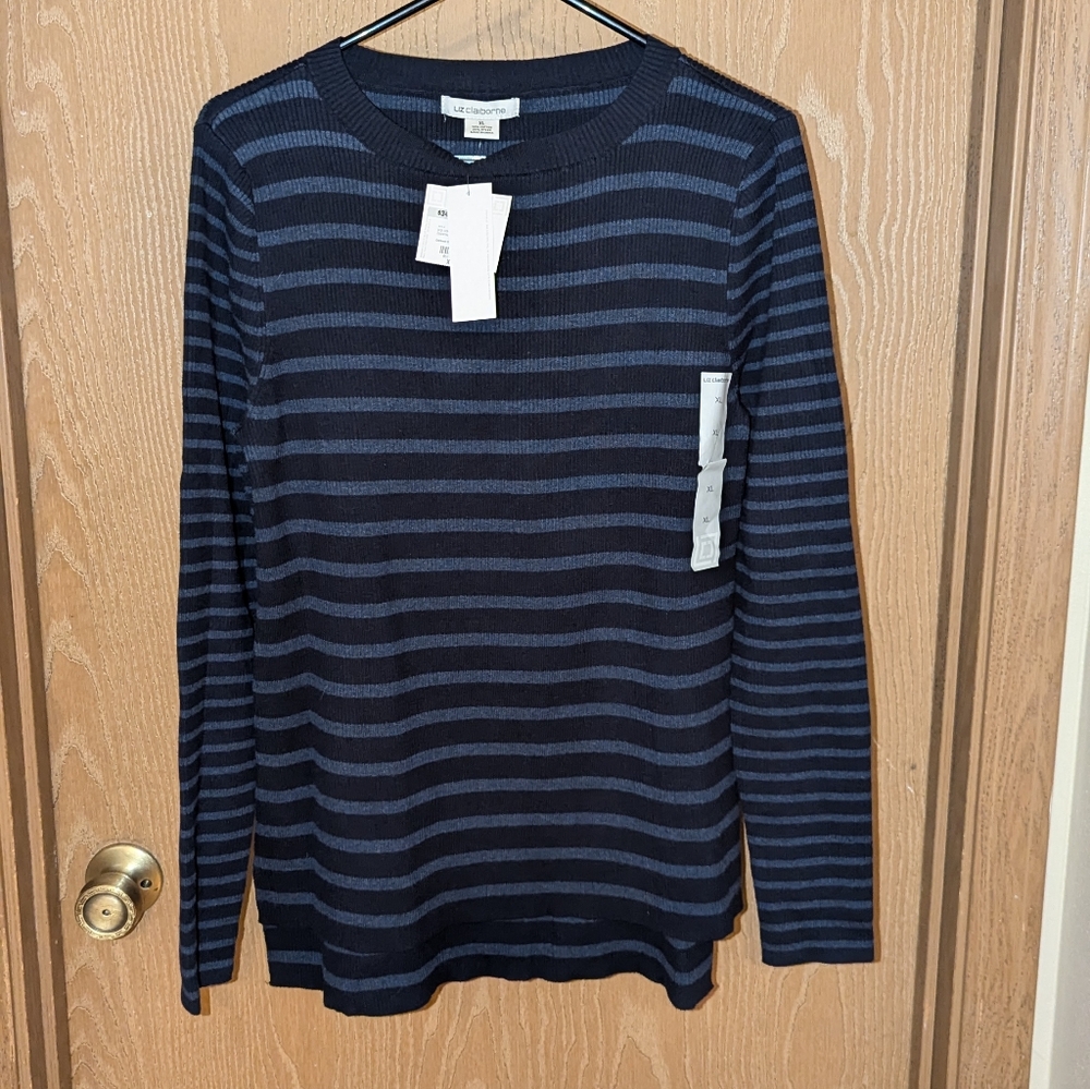 Liz Claiborne  High-Low Crew Neck Navy Blue Striped Sweater XL